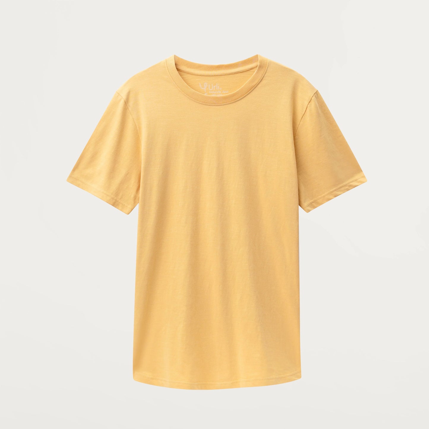 Soft yellow short-sleeve crew neck cotton t-shirt on white background