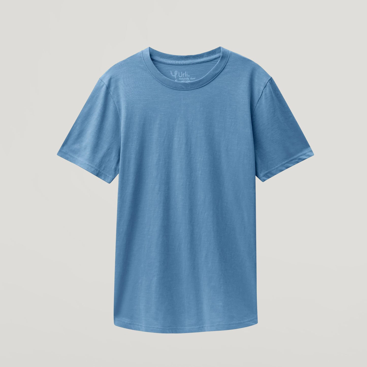 Simple blue short sleeve cotton T-shirt on gray background