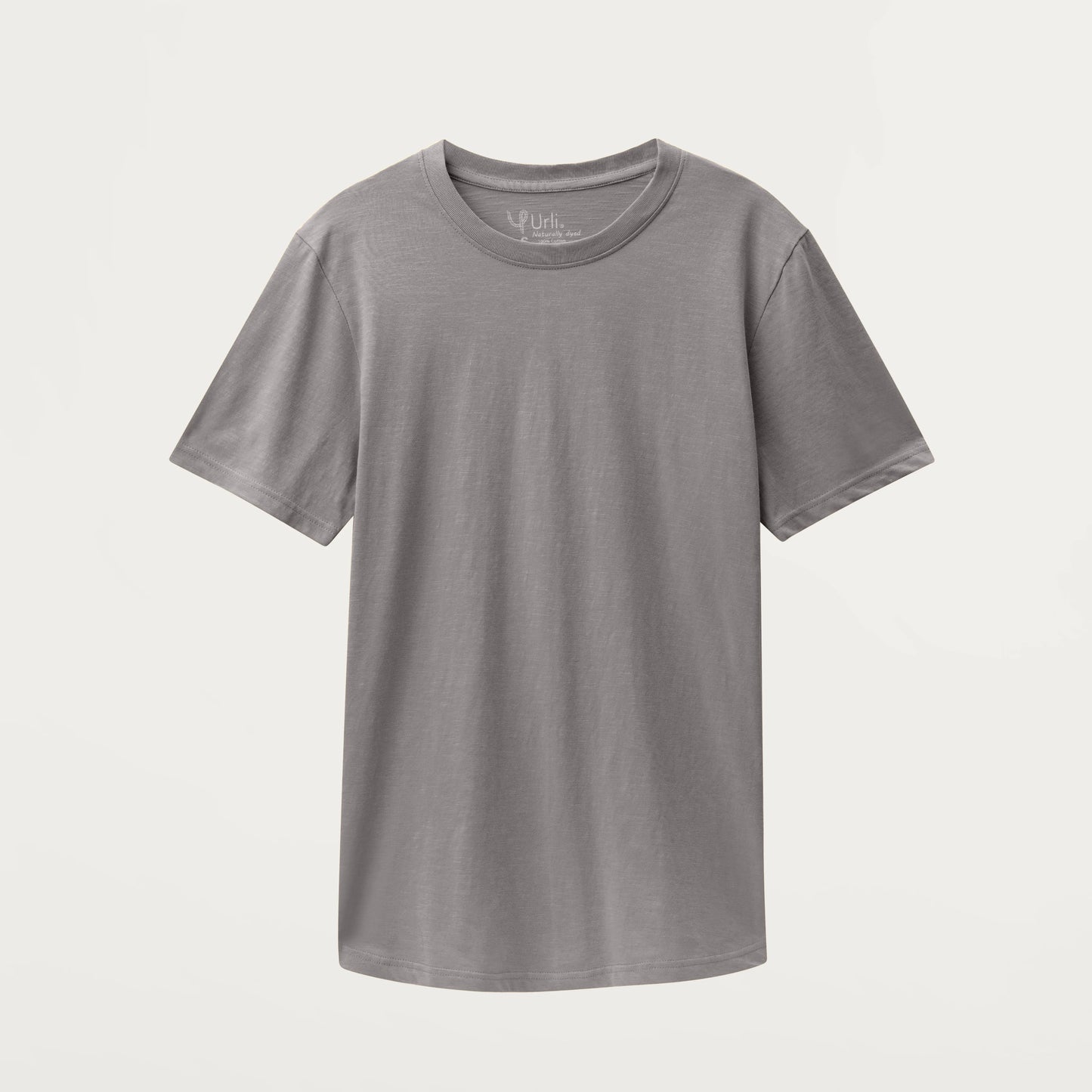 Plain gray short-sleeve crewneck t-shirt on white background, casual cotton fabric