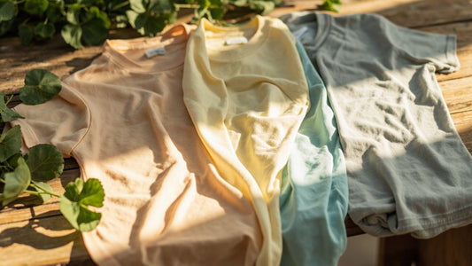 natural dye cotton shirts in earthy tones on wood table with leaves nearby