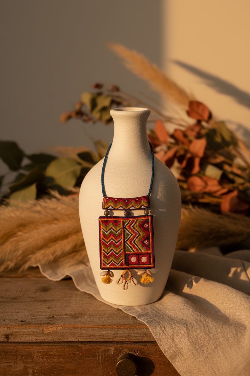 A white ceramic vase with a colorful geometric-patterned pouch hanging from a blue cord, styled on a wooden surface with beige fabric and dried grass in the background.